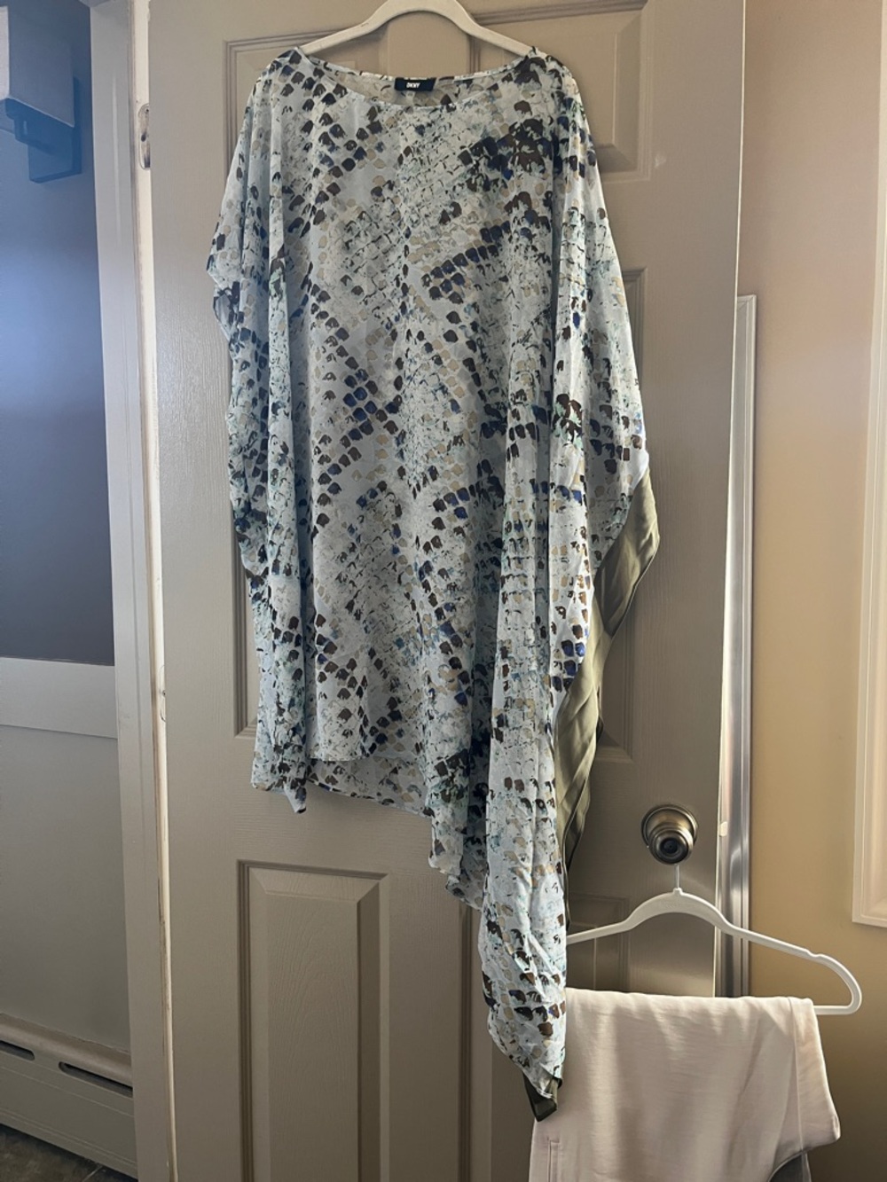 DKNY Light Blue Snake-Print Poncho with Olive Trim